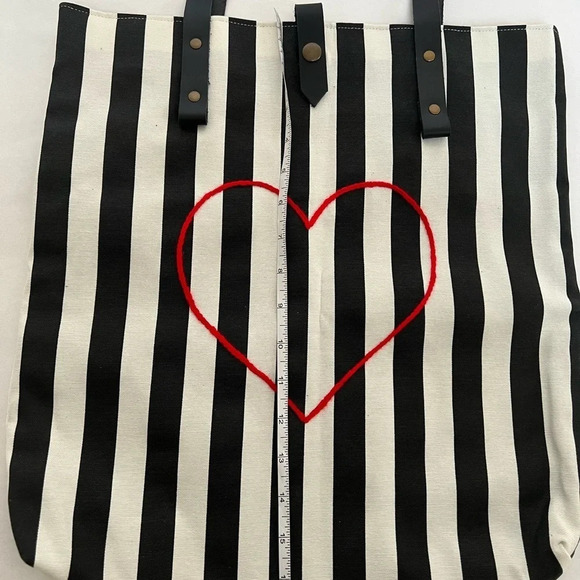 Hand Made Cotton & Leather Embroidered Heart Love Stripped Bag Tote New - Picture 5 of 8
